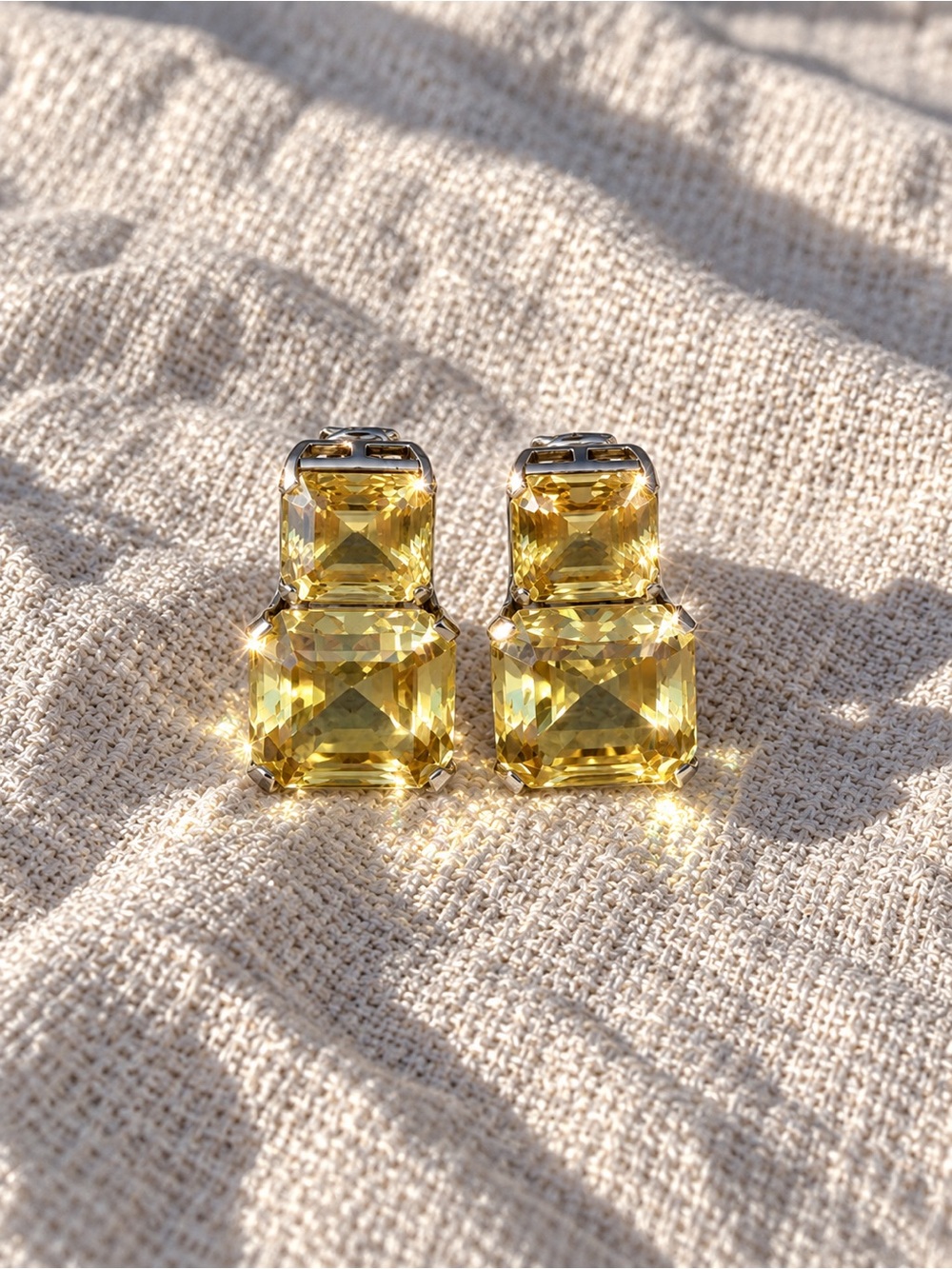 Yellow Double Square Crystal Drop Earrings - Unbranded